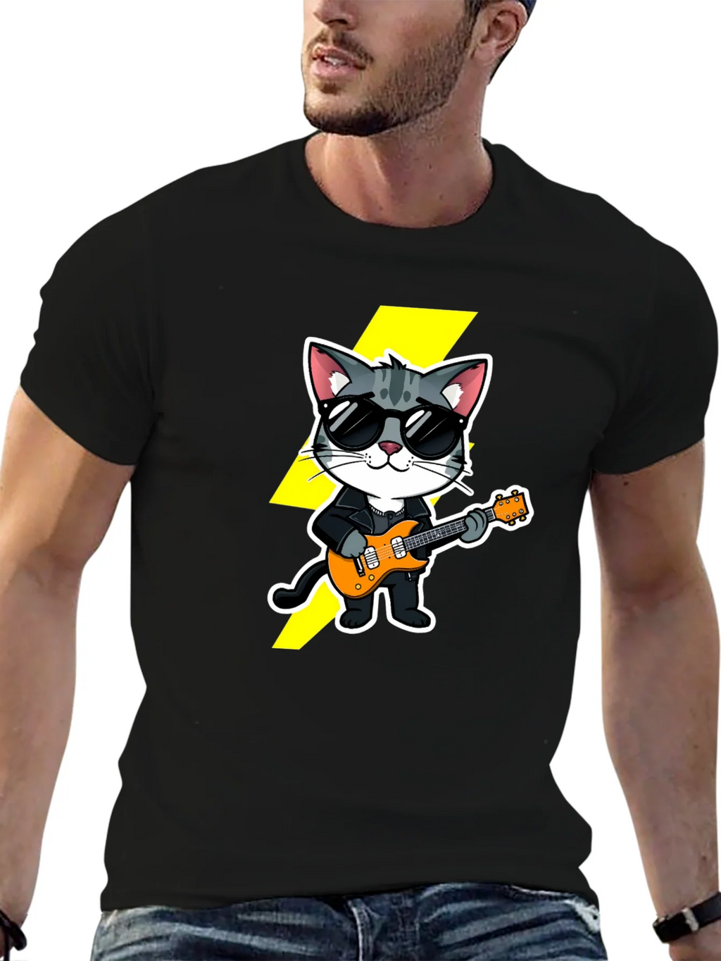 Cool Cat Guitarist Black T-Shirt product image 5