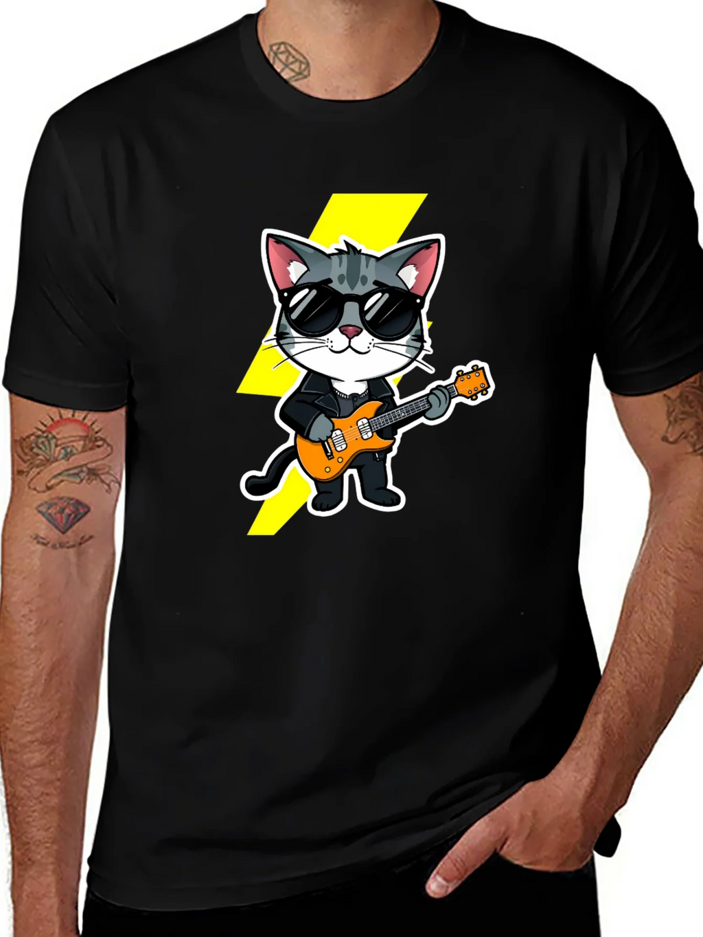Cool Cat Guitarist Black T-Shirt product image 1