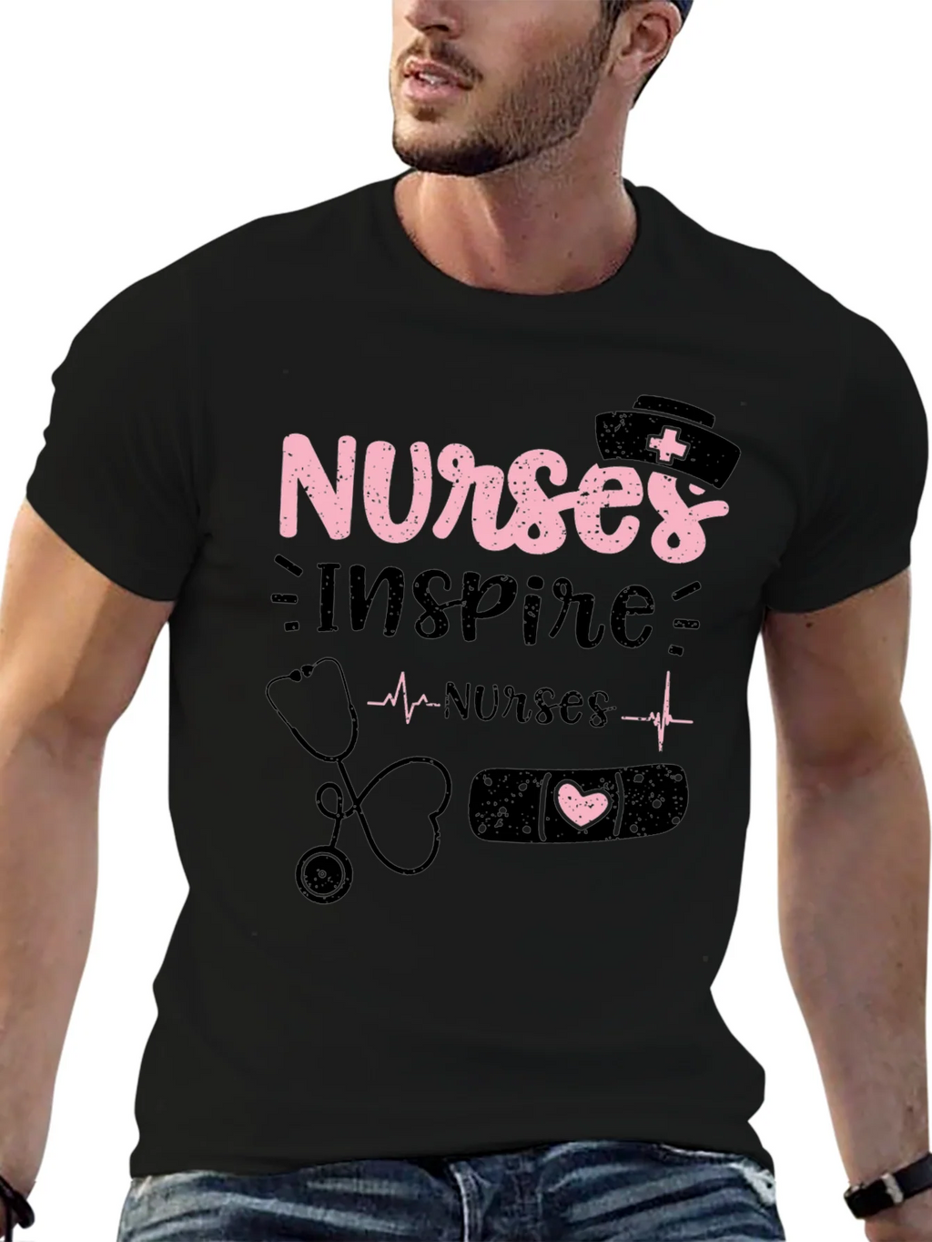 Nurses Inspire Black Cotton Graphic T-Shirt product image 6