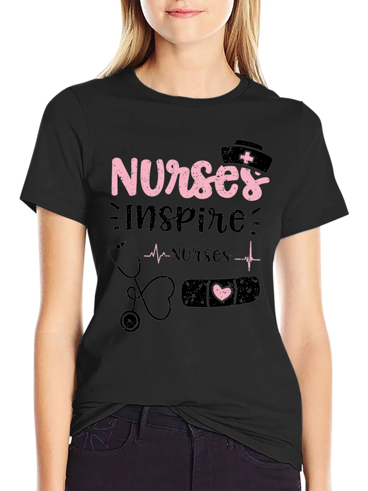 Nurses Inspire Black Cotton Graphic T-Shirt product image 2