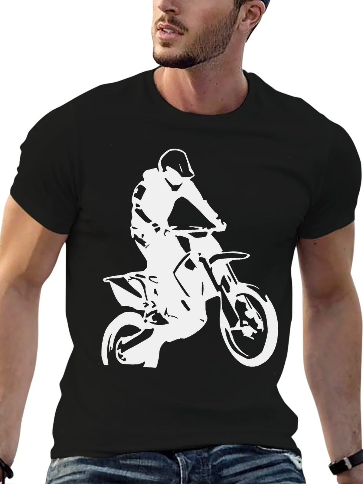 Black T-Shirt with White Motocross Rider Design product image 6