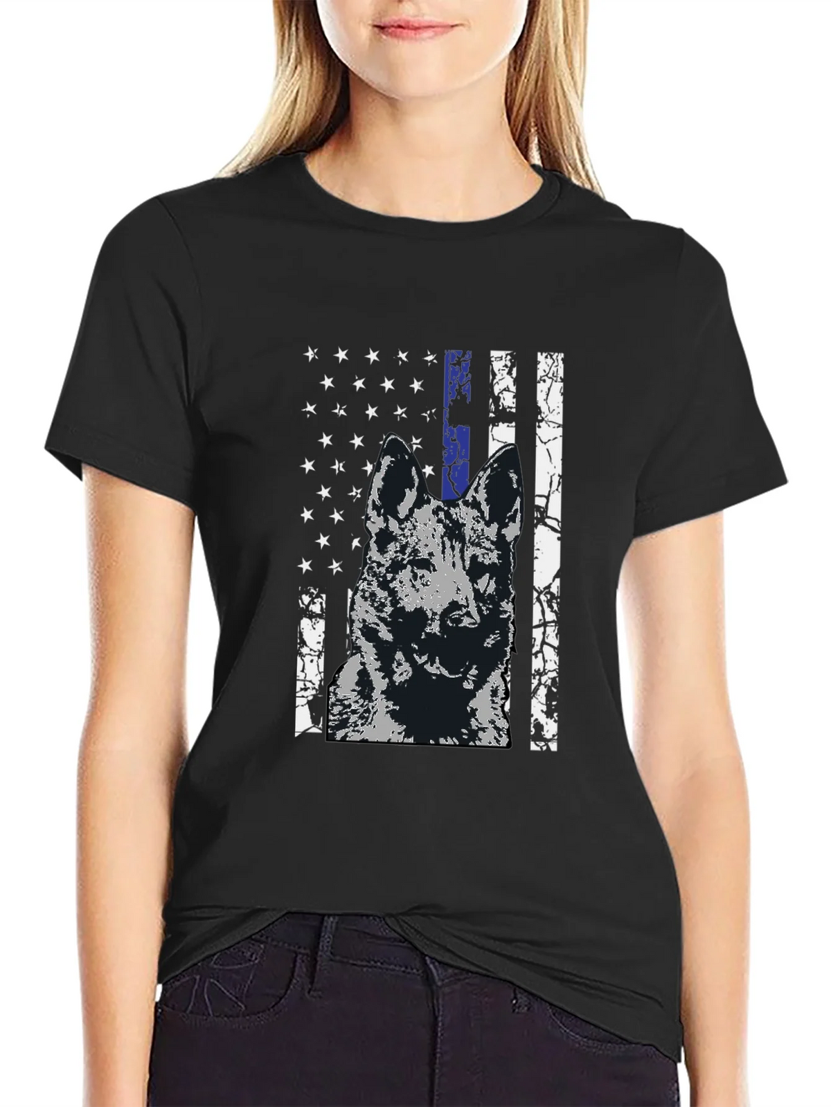 K9 Thin Blue Line Flag T-Shirt - Patriotic Dog Design product image 1