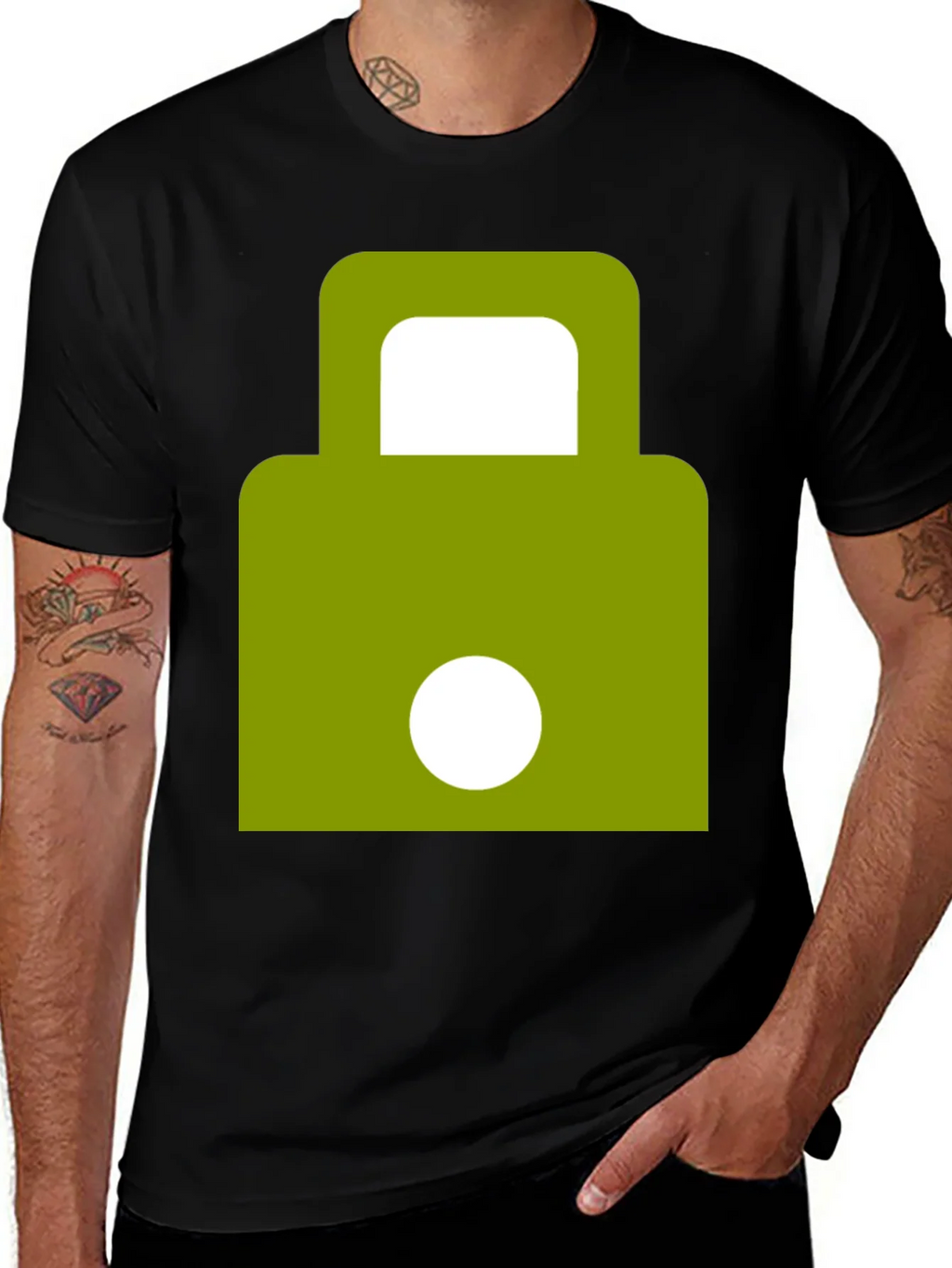 Modern Green Padlock Design Black T-Shirt product image 1