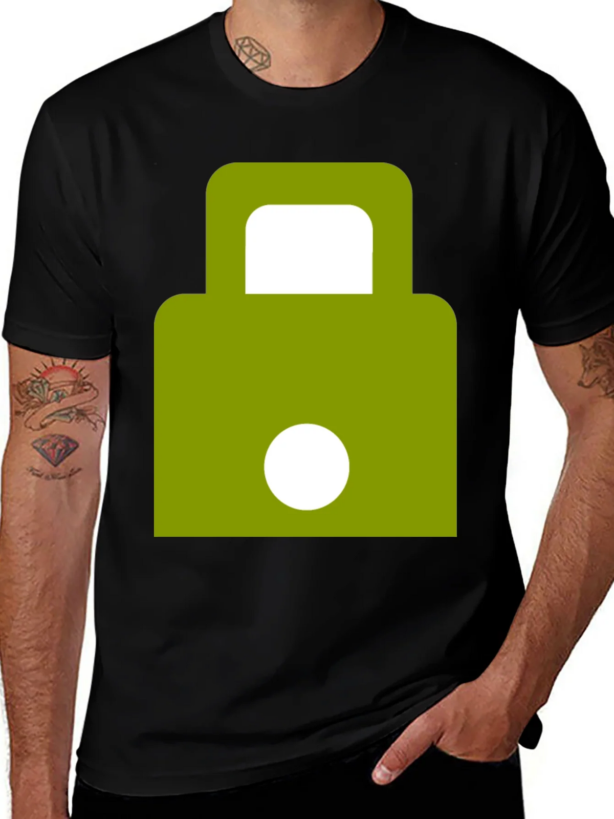 Modern Green Padlock Design Black T-Shirt product image 1