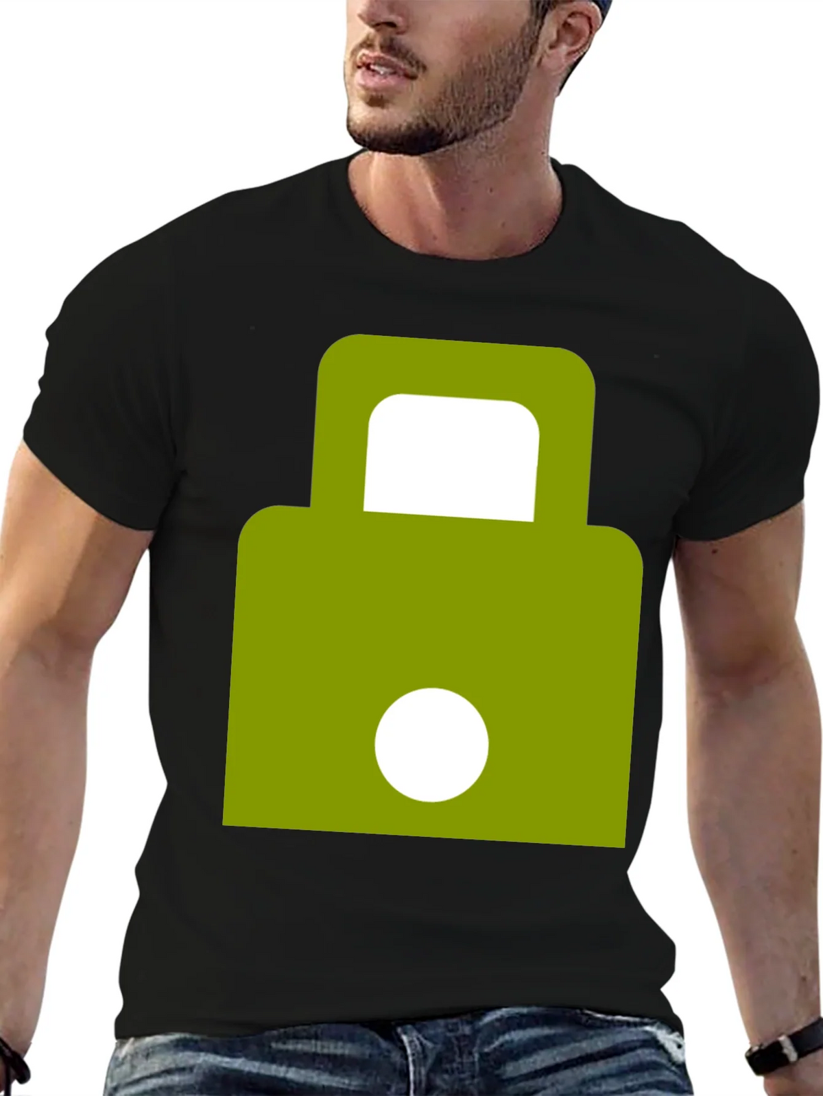 Modern Green Padlock Design Black T-Shirt product image 6