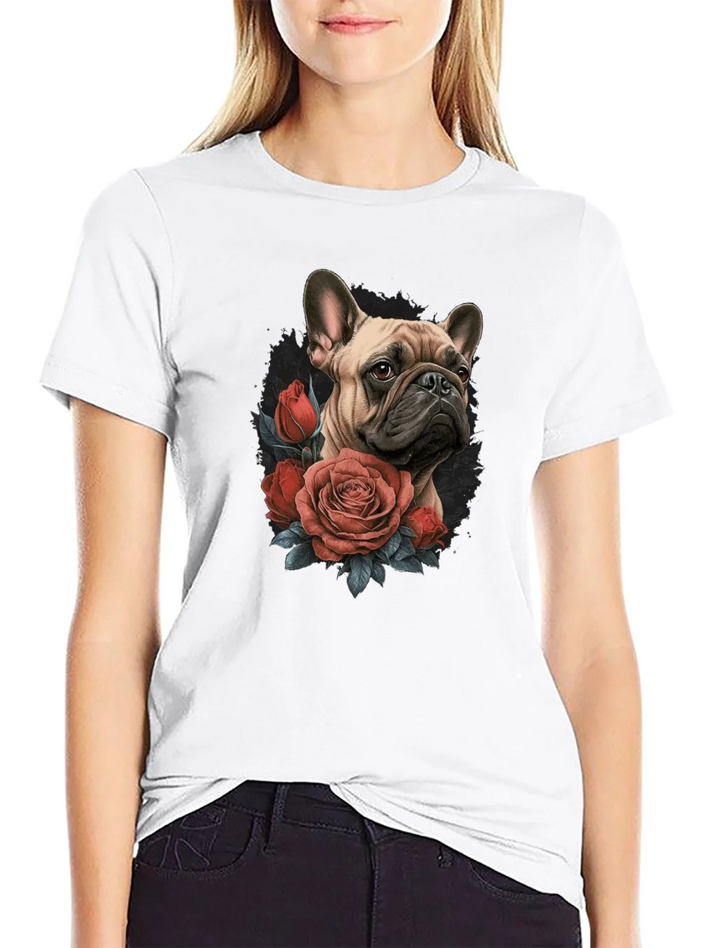 Dog with Roses Graphic Black T-Shirt product image 8