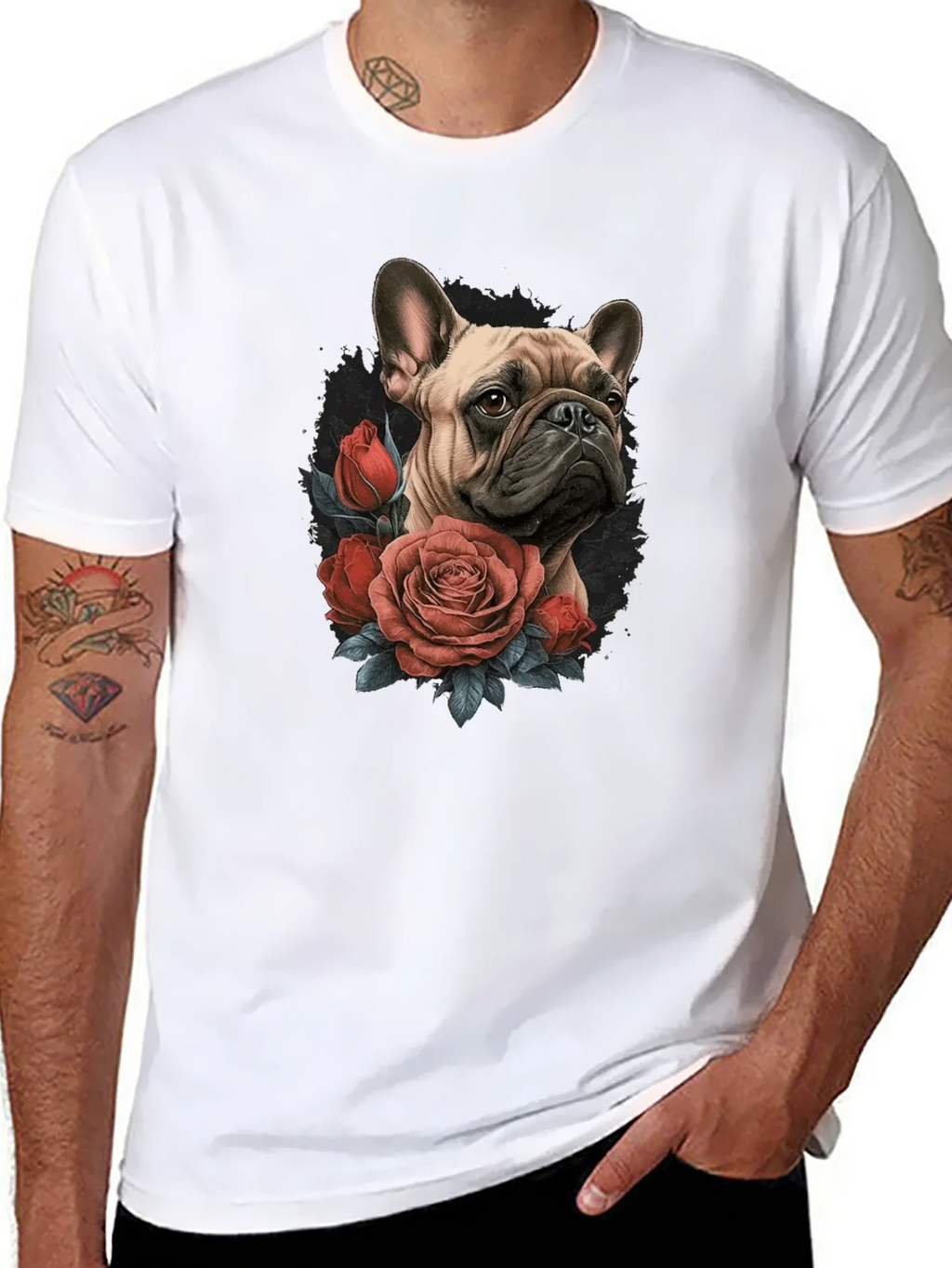 Dog with Roses Graphic Black T-Shirt product image 7