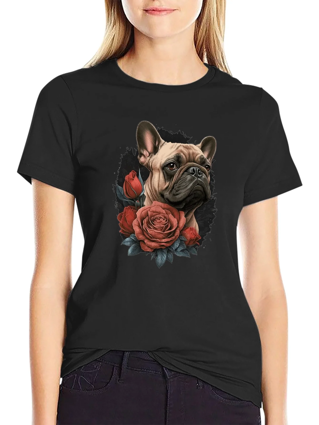 Dog with Roses Graphic Black T-Shirt product image 2
