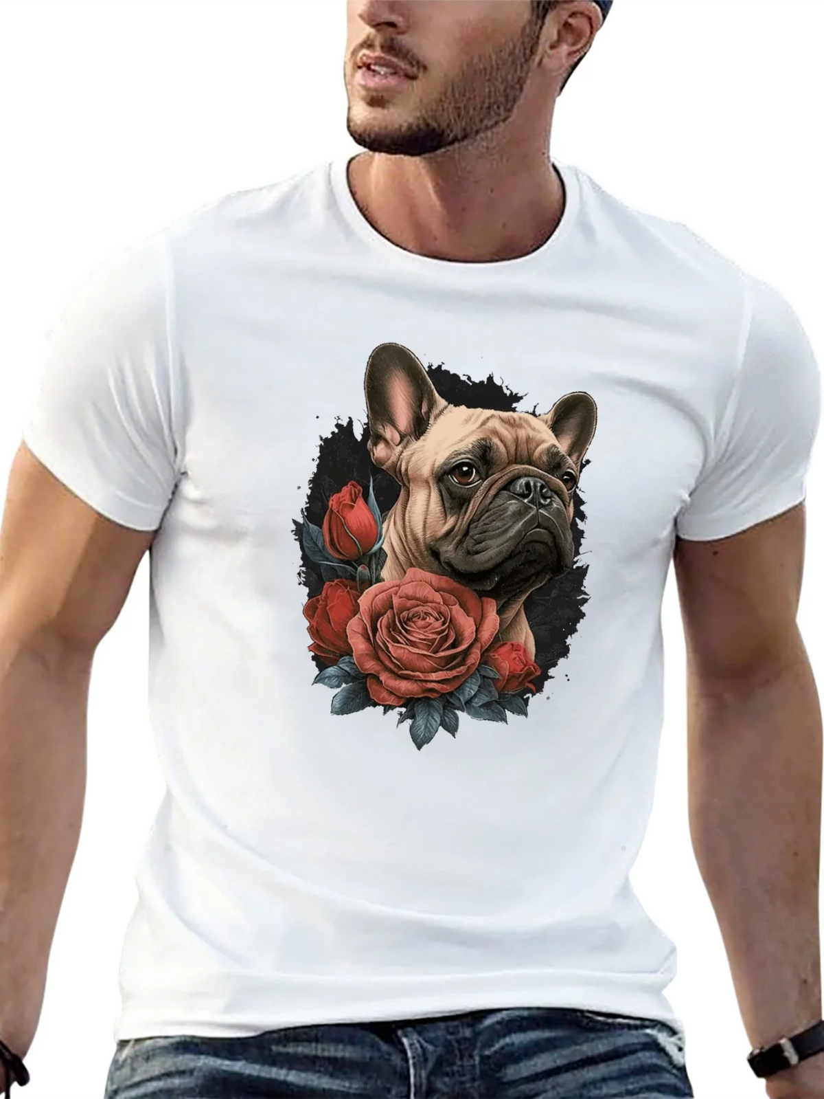 Dog with Roses Graphic Black T-Shirt product image 12
