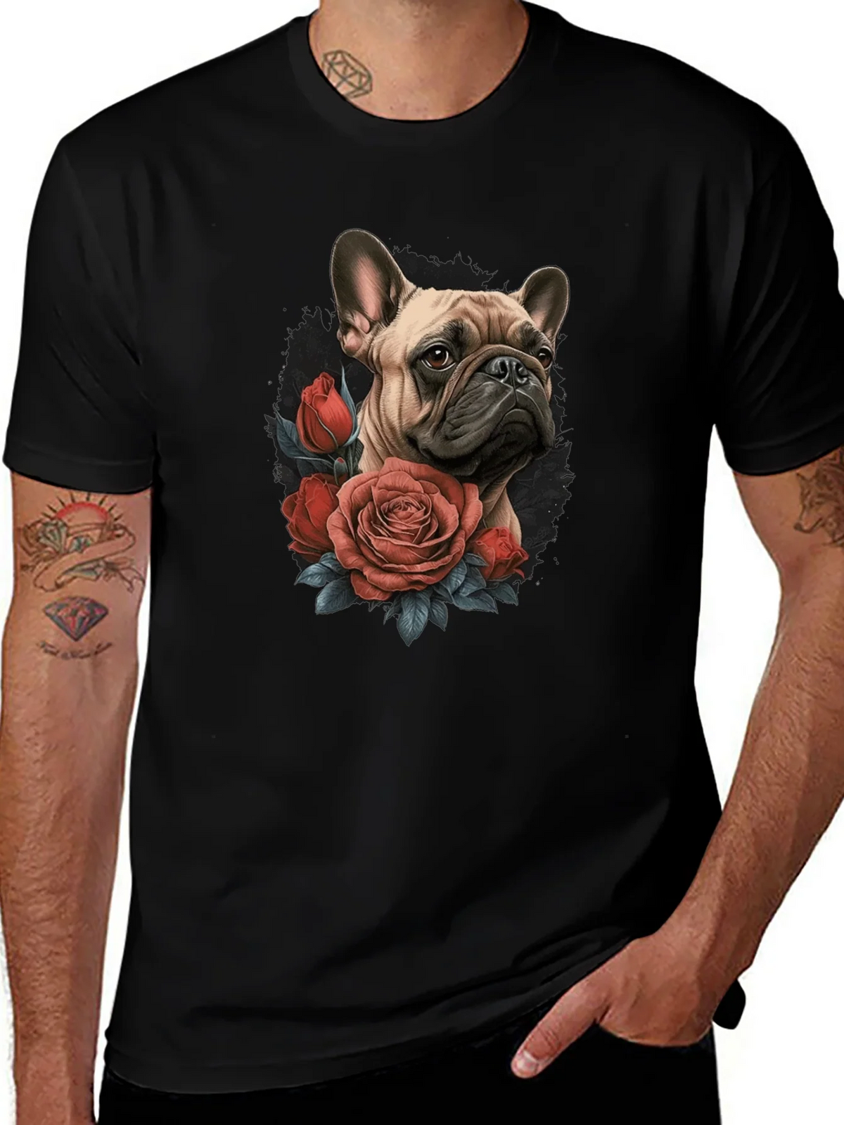 Dog with Roses Graphic Black T-Shirt product image 1
