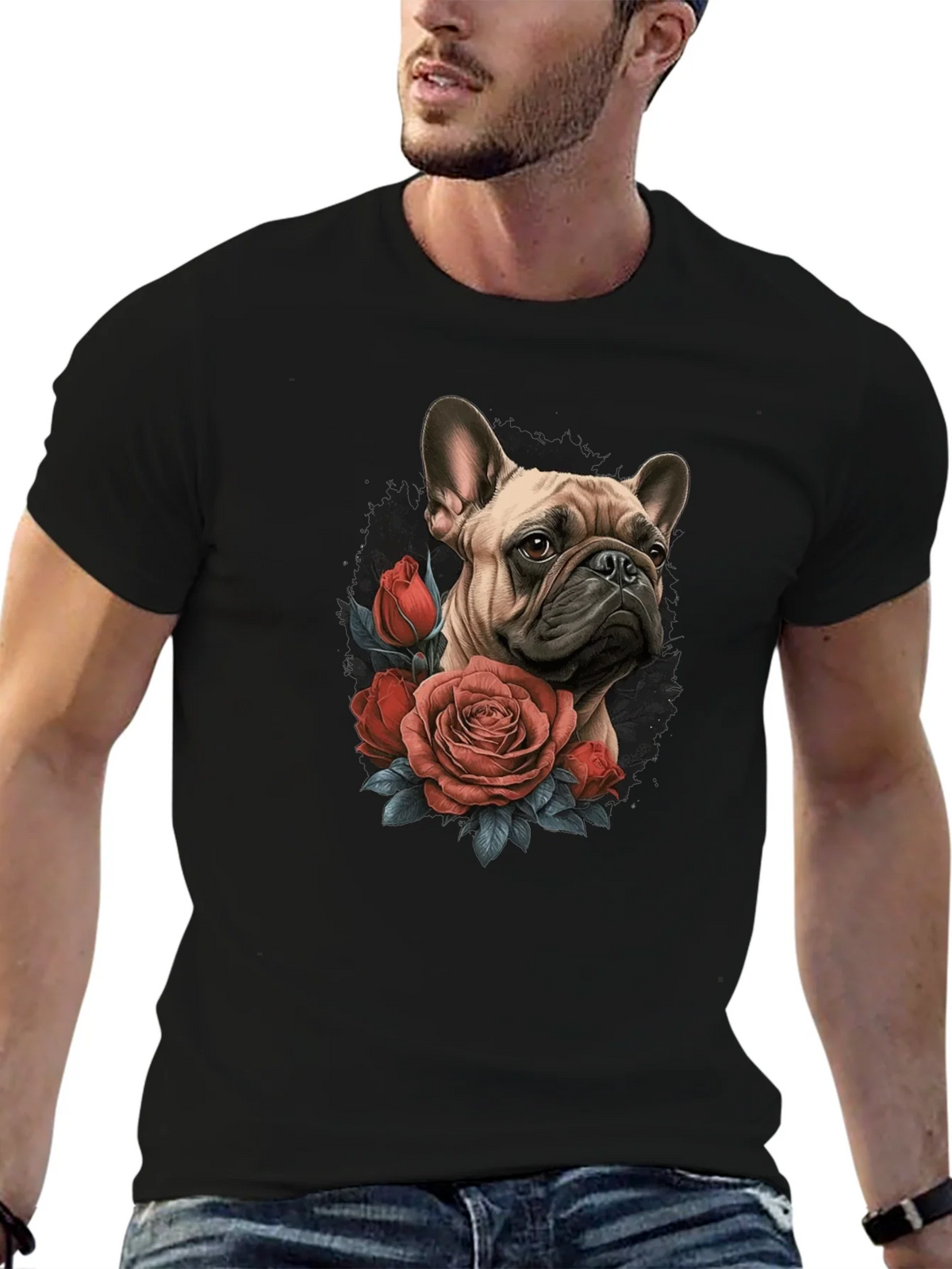 Dog with Roses Graphic Black T-Shirt product image 6