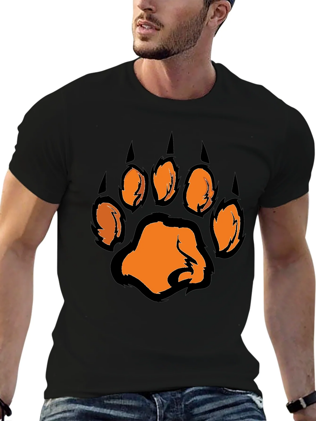 Mens Black T-Shirt with Orange Paw Print Graphic product image 6