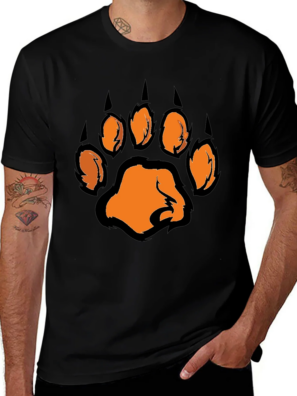 Mens Black T-Shirt with Orange Paw Print Graphic product image 1