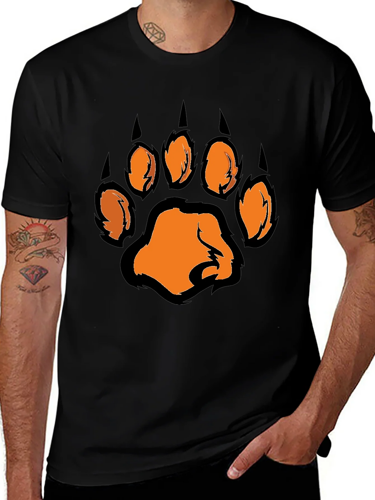 Mens Black T-Shirt with Orange Paw Print Graphic product image 1
