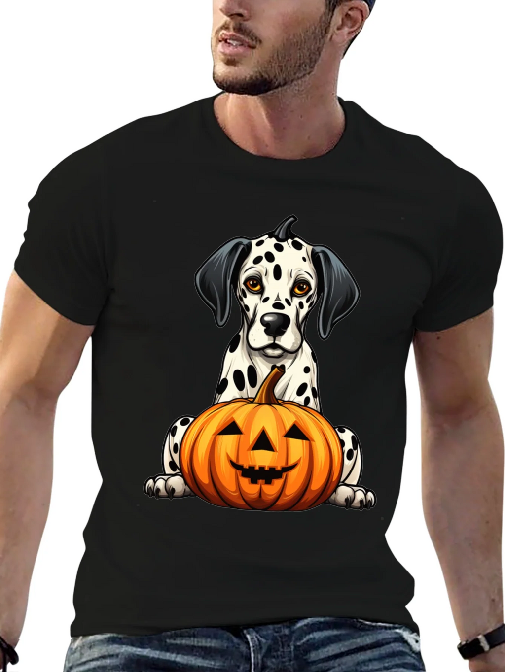 Halloween Dalmatian Dog with Pumpkin Black T-Shirt product image 5