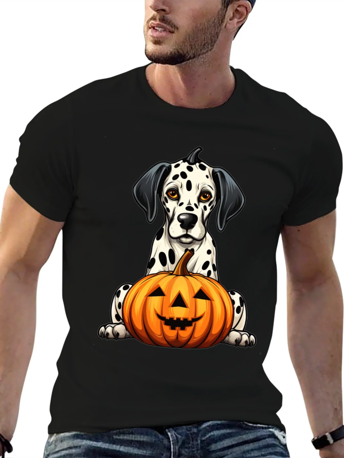 Halloween Dalmatian Dog with Pumpkin Black T-Shirt product image 5