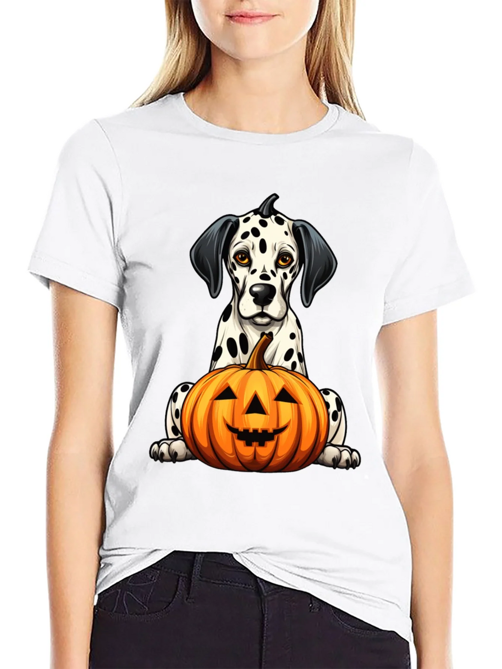 Halloween Dalmatian Dog with Pumpkin Black T-Shirt product image 7
