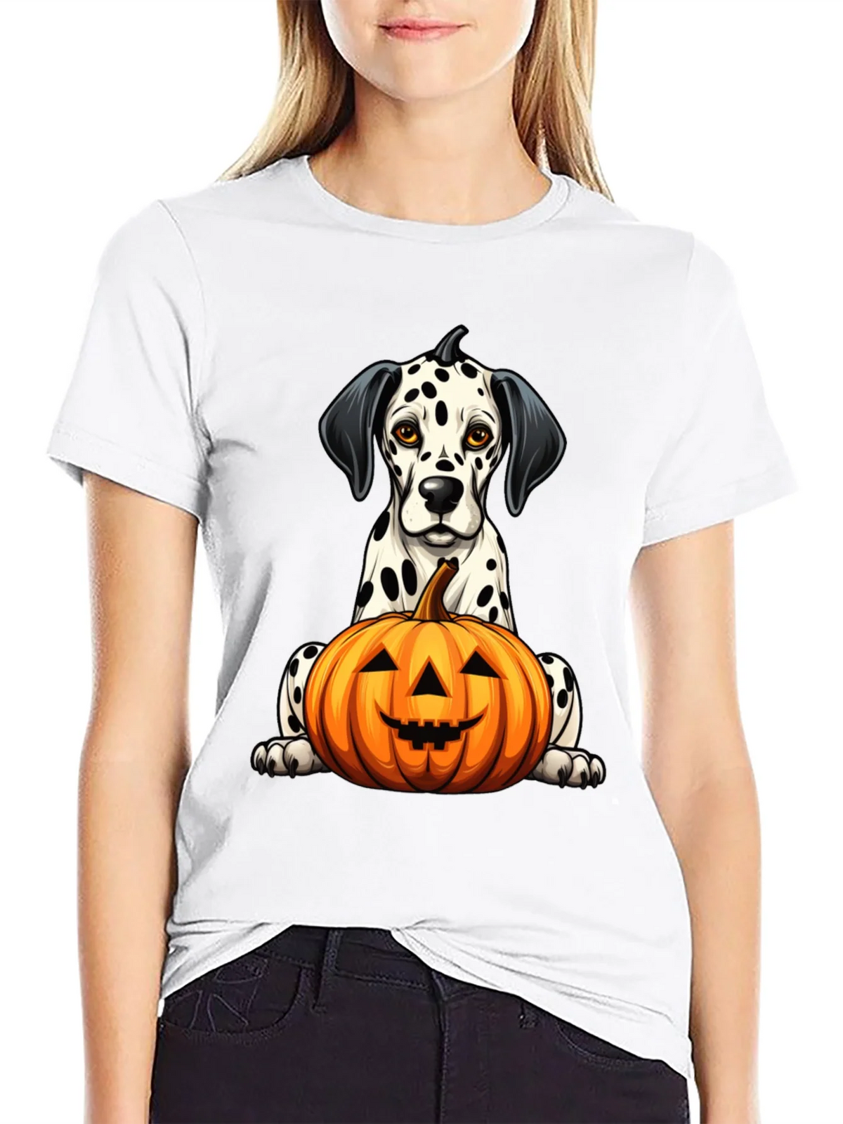 Halloween Dalmatian Dog with Pumpkin Black T-Shirt product image 7