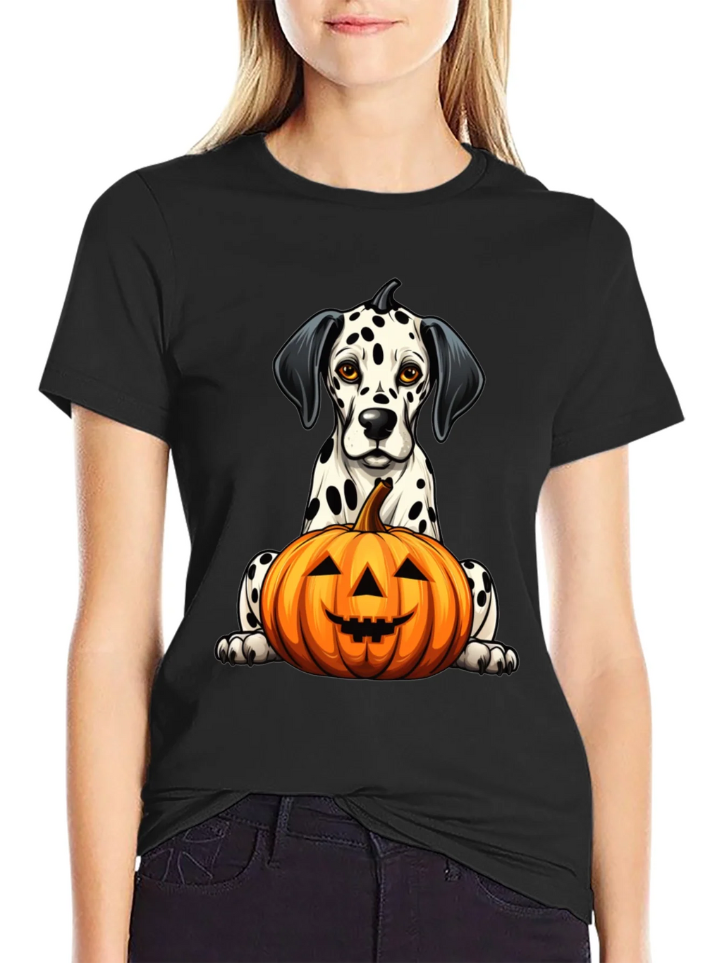 Halloween Dalmatian Dog with Pumpkin Black T-Shirt product image 1