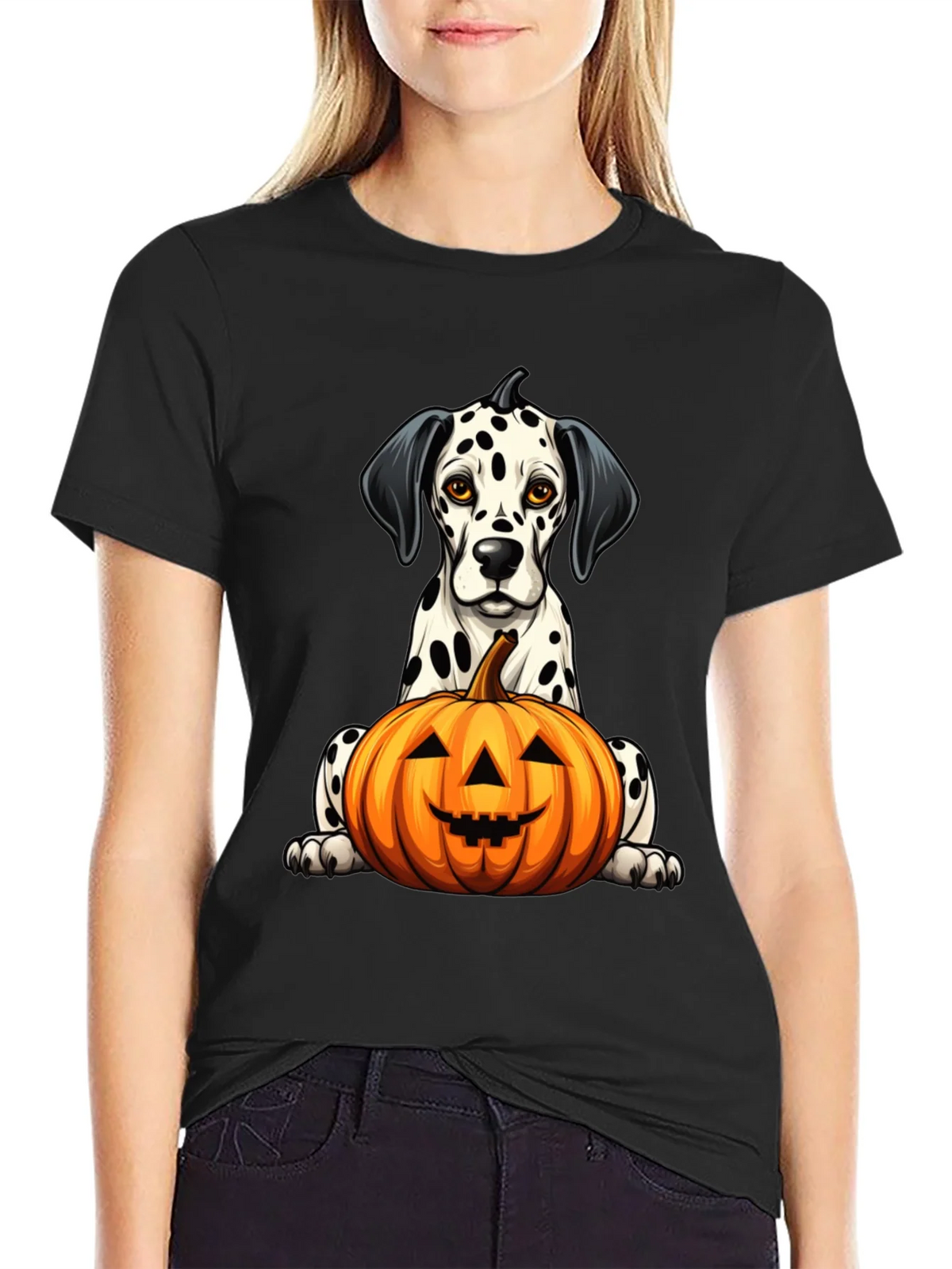 Halloween Dalmatian Dog with Pumpkin Black T-Shirt product image 1