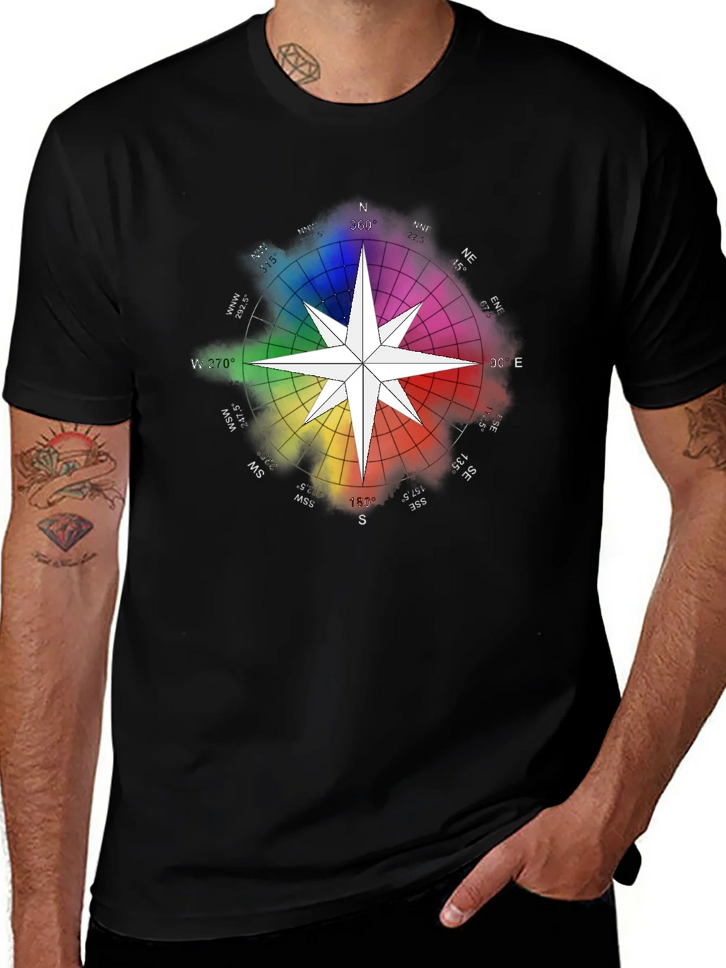 Rainbow Compass Star Graphic T-Shirt - Stylish Black Tee product image 1
