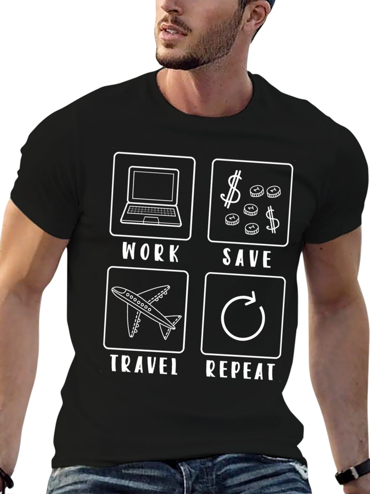 Work Save Travel Repeat Black T-Shirt product image 6