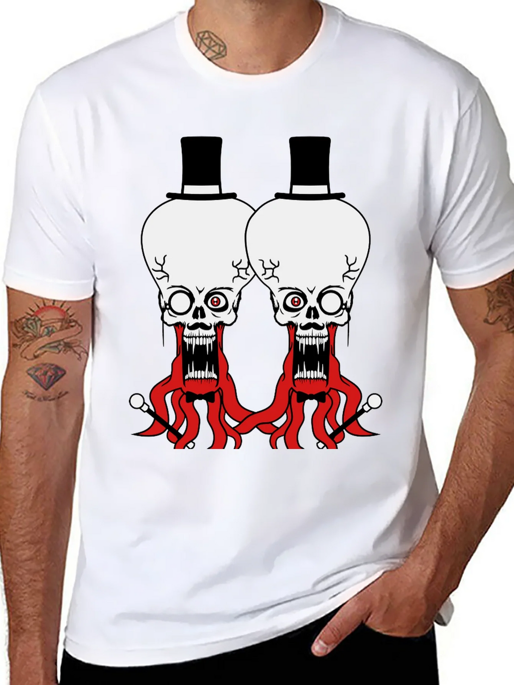 Skull Octopus Top Hat Graphic Tee - Black