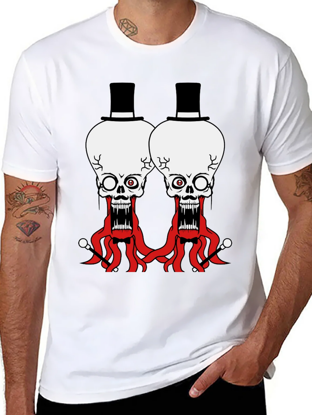 Skull Octopus Top Hat Graphic Tee - Black