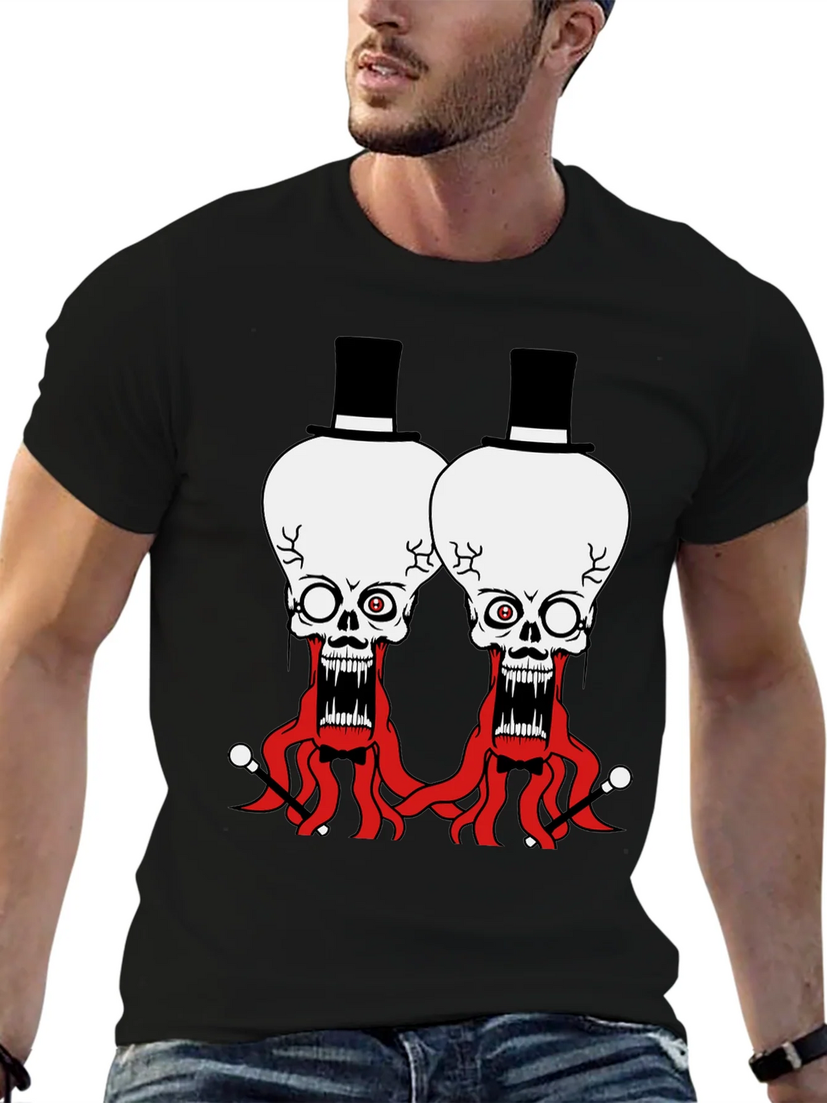 Skull Octopus Top Hat Graphic Tee - Black