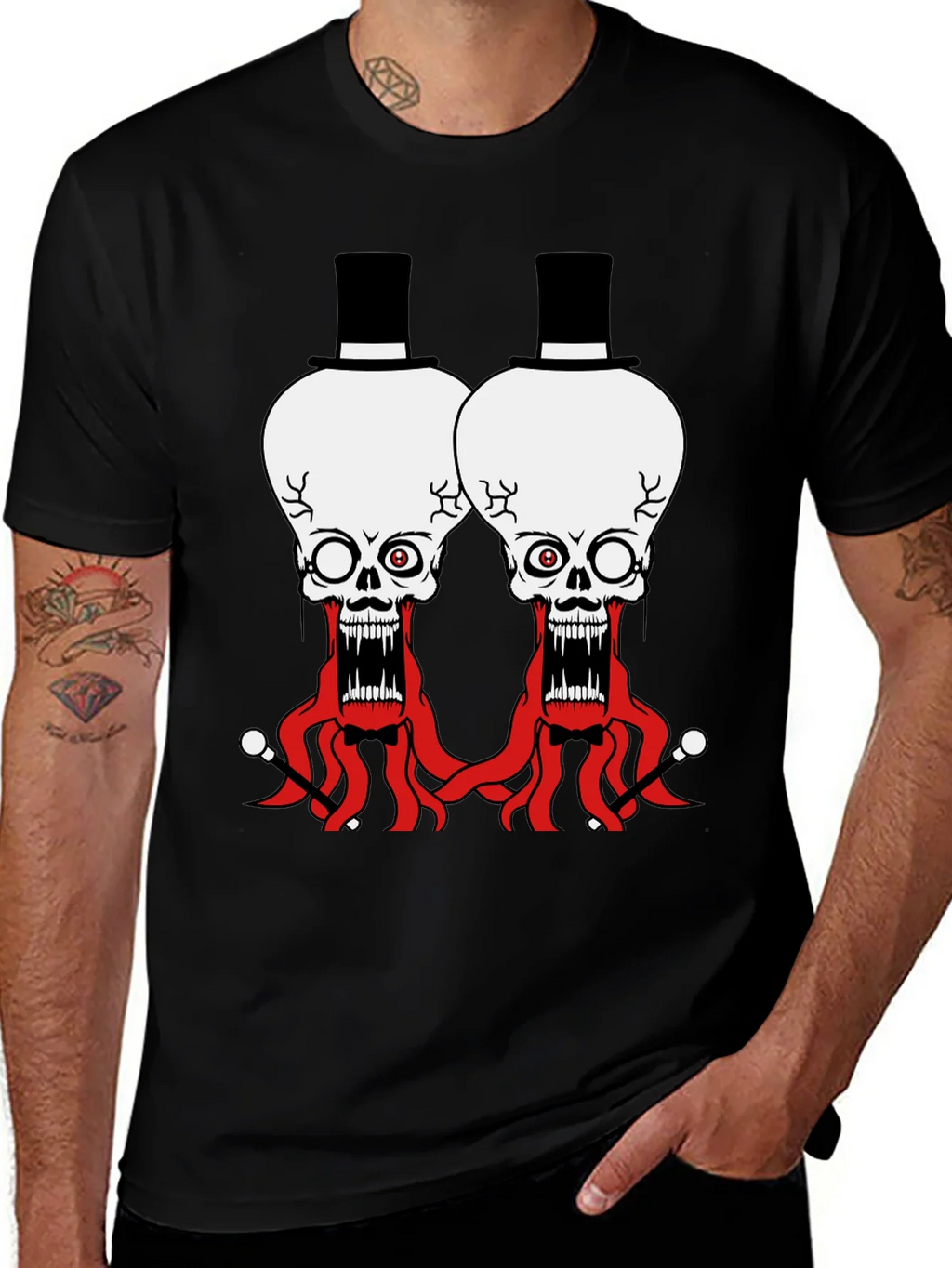 Skull Octopus Top Hat Graphic Tee - Black