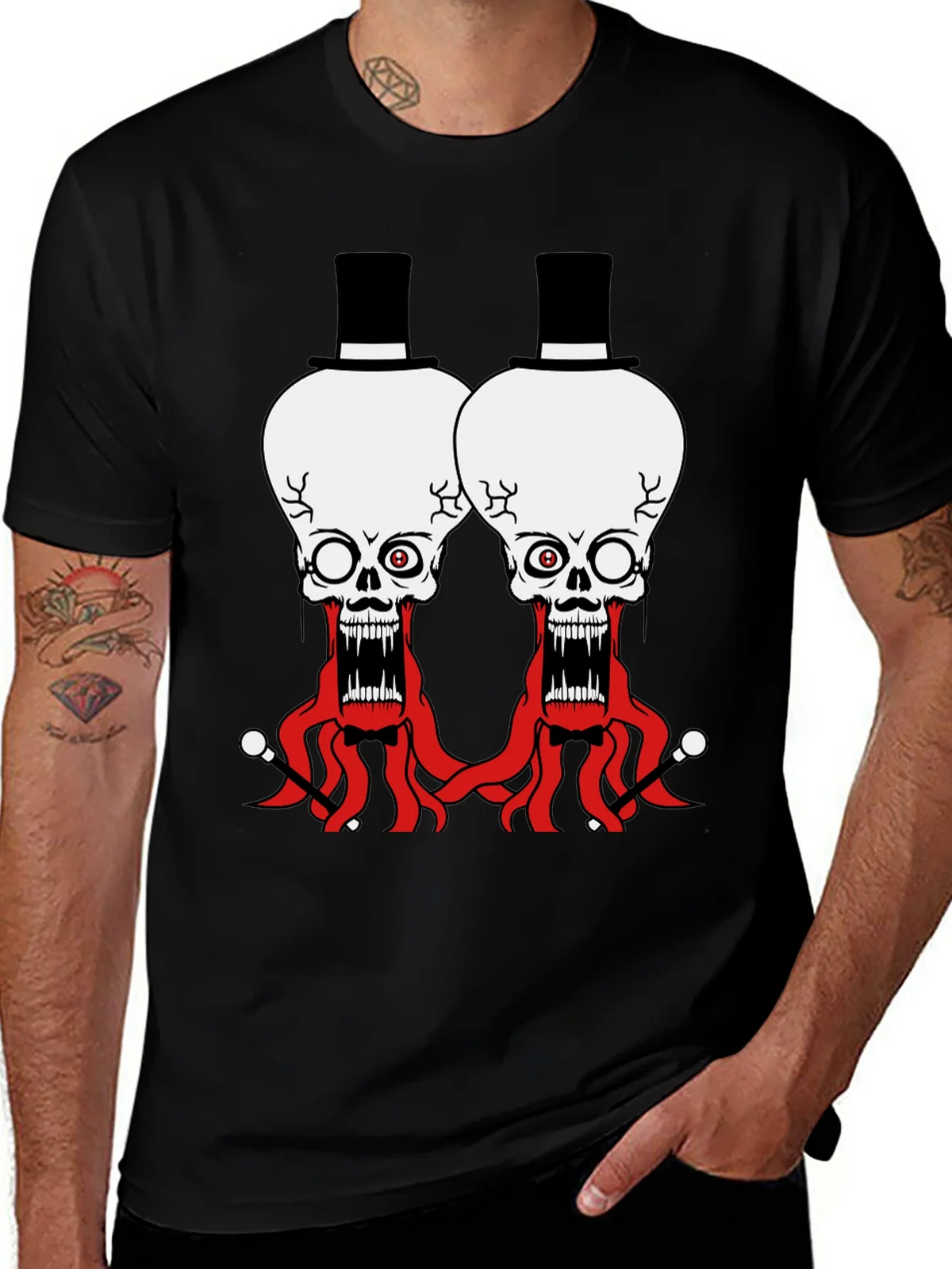 Skull Octopus Top Hat Graphic Tee - Black