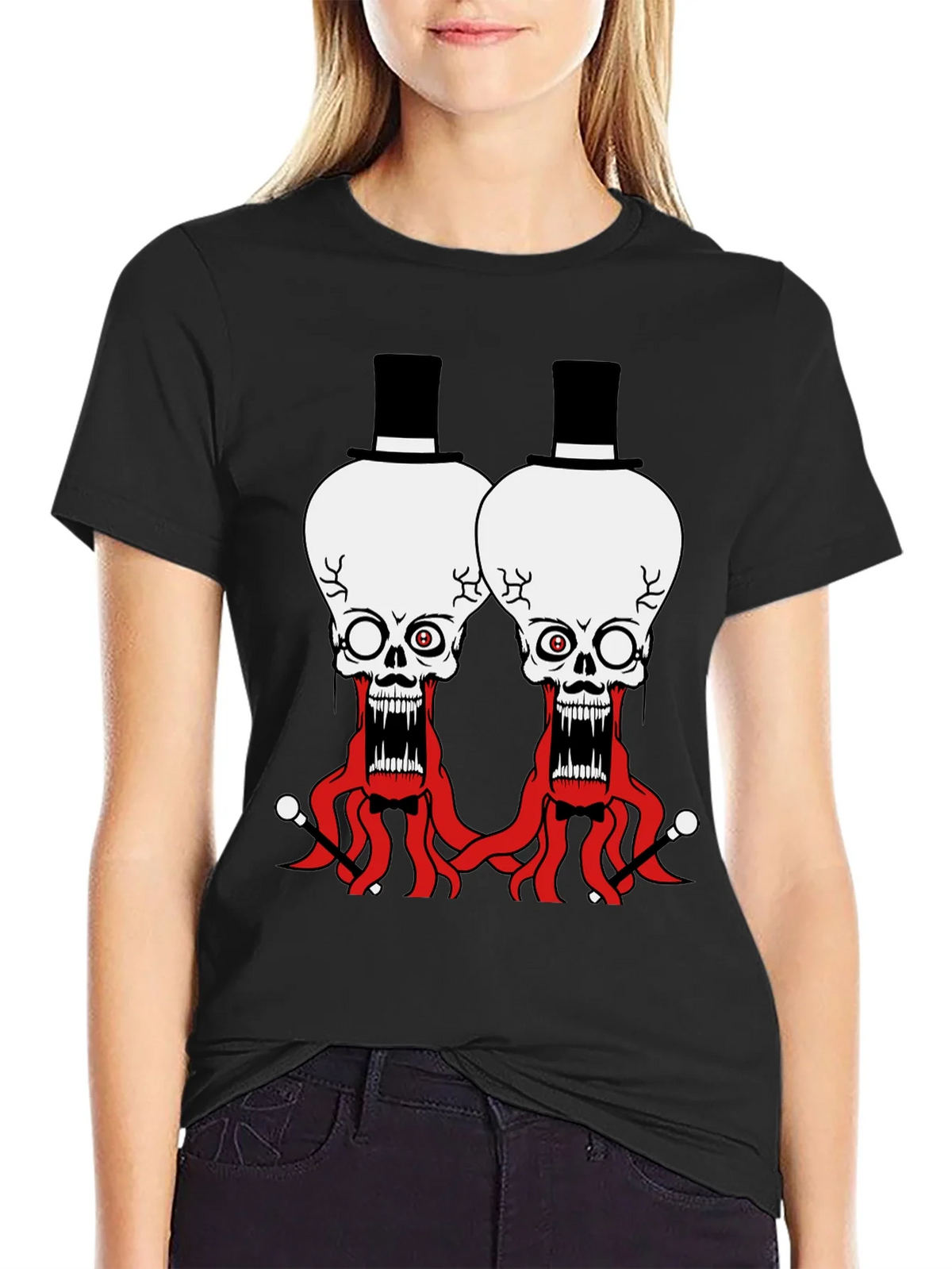 Skull Octopus Top Hat Graphic Tee - Black