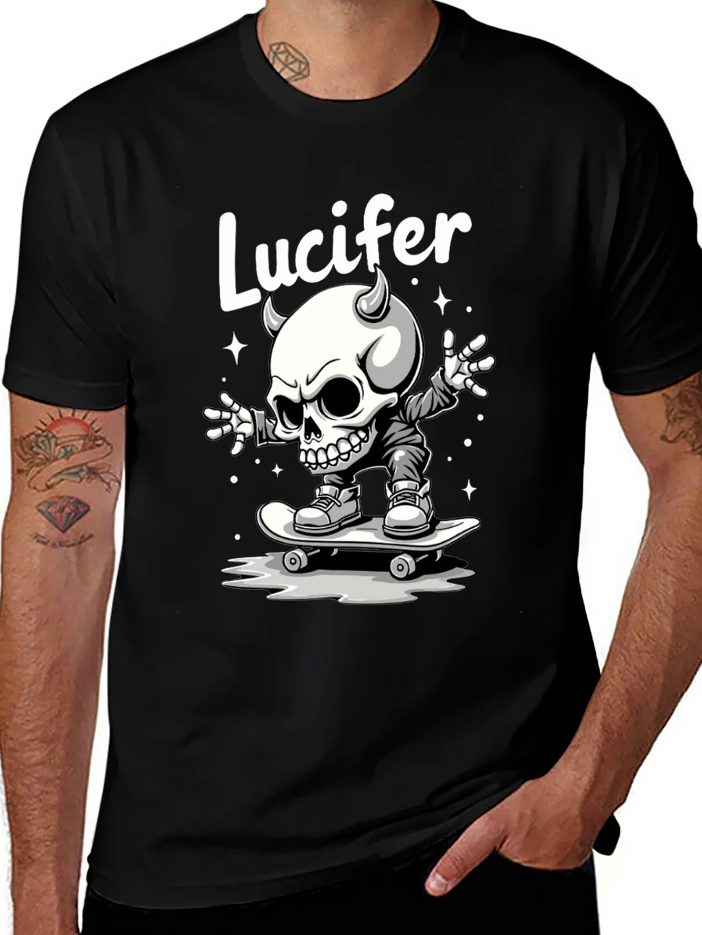 Lucifer Skateboard Skeleton Graphic Black T-Shirt product image 1