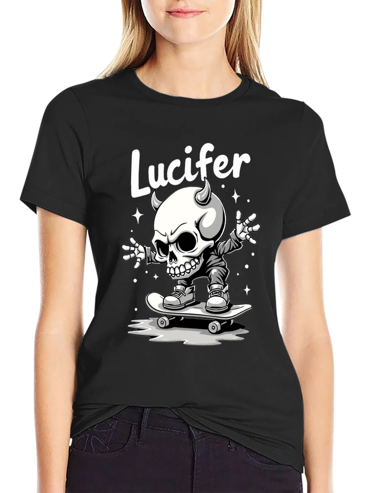 Lucifer Skateboard Skeleton Graphic Black T-Shirt product image 2