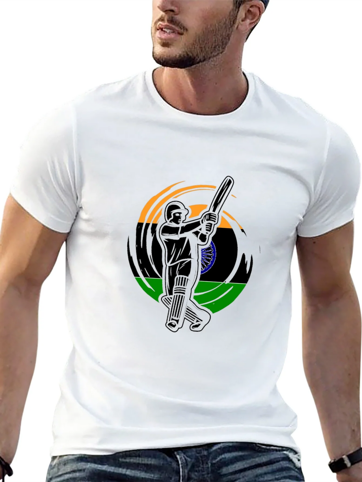 Cricket Player India Flag Graphic Black T-Shirt product image 12