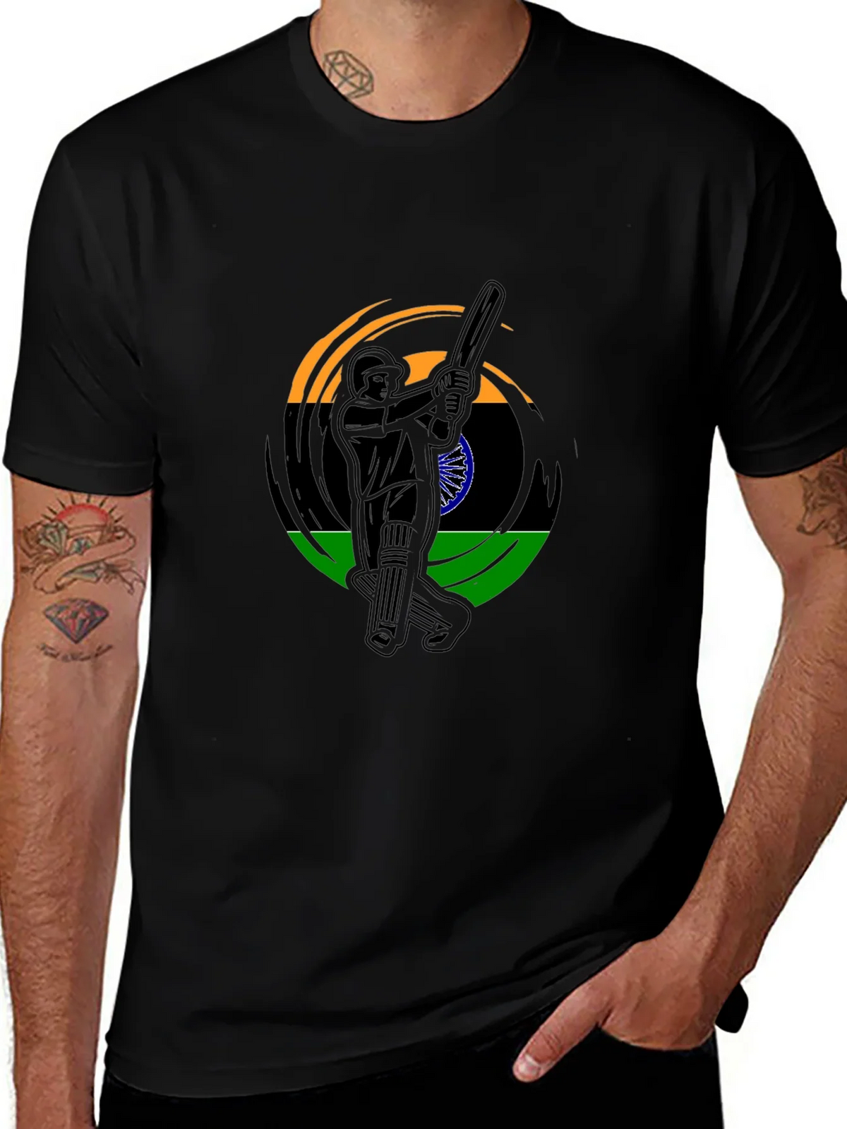 Cricket Player India Flag Graphic Black T-Shirt product image 1