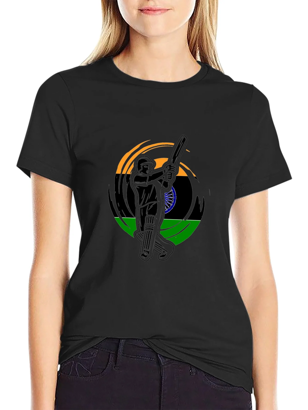 Cricket Player India Flag Graphic Black T-Shirt product image 2