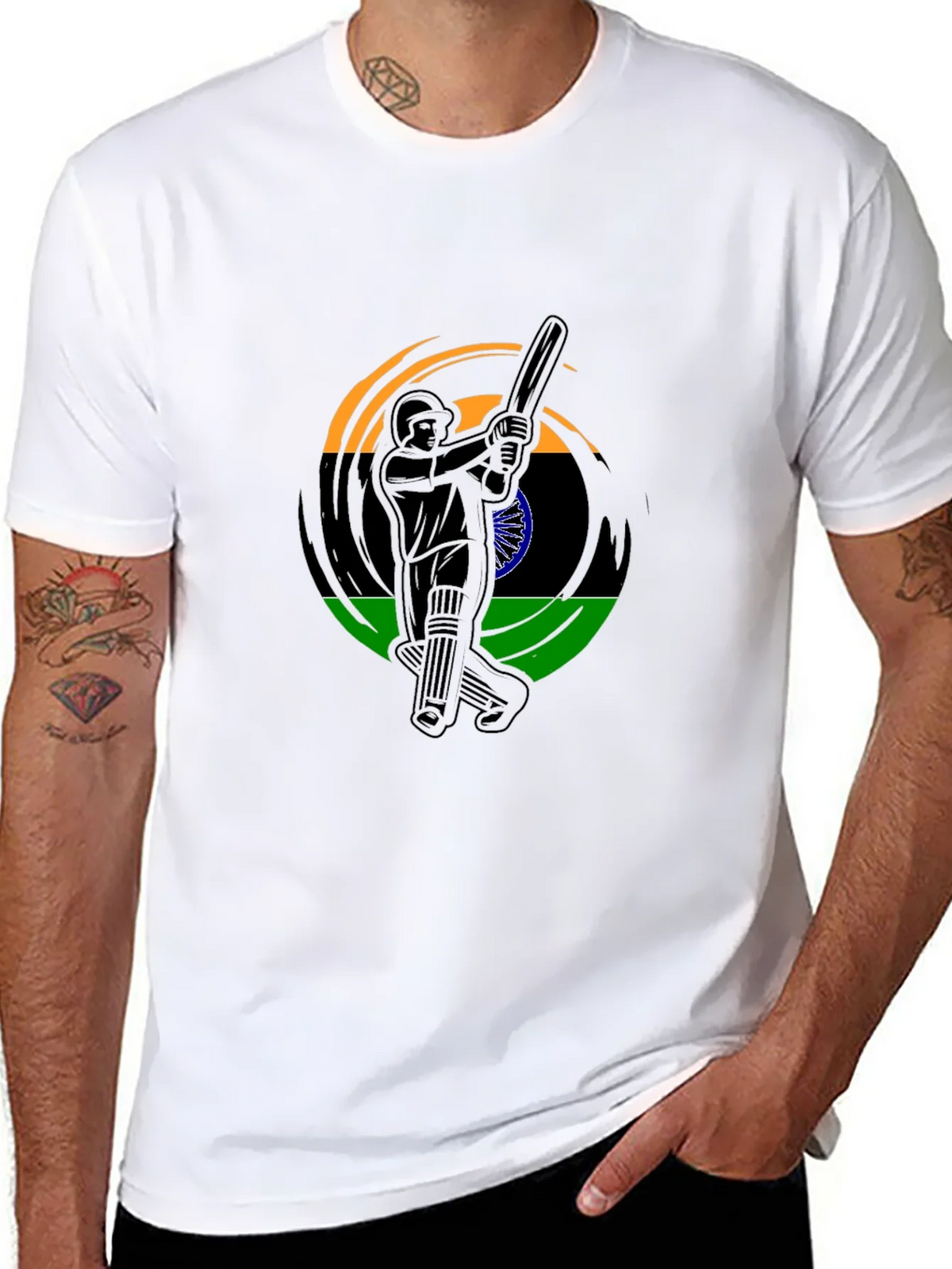 Cricket Player India Flag Graphic Black T-Shirt product image 7