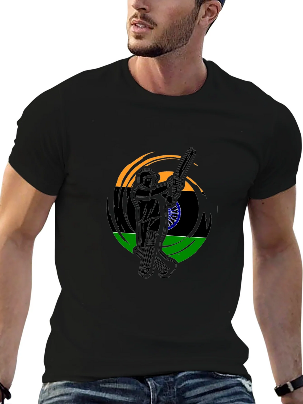 Cricket Player India Flag Graphic Black T-Shirt product image 6