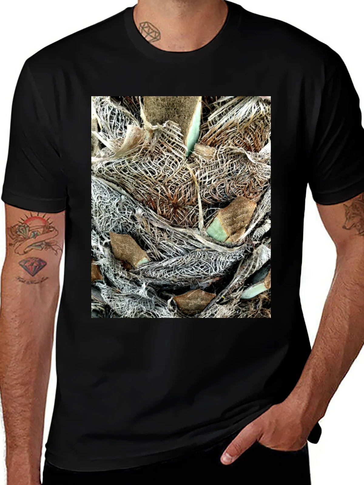 Textured Palm Bark Print Black T-Shirt product image 1