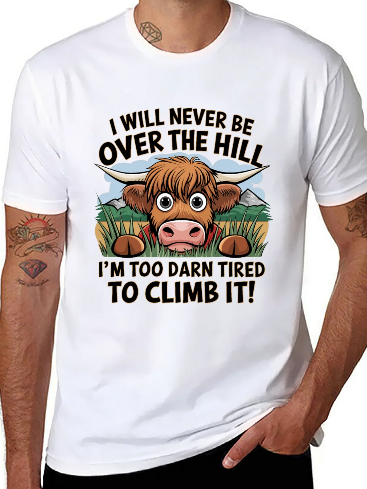 Funny Highland Cow Tired to Climb It T-Shirt product image 6