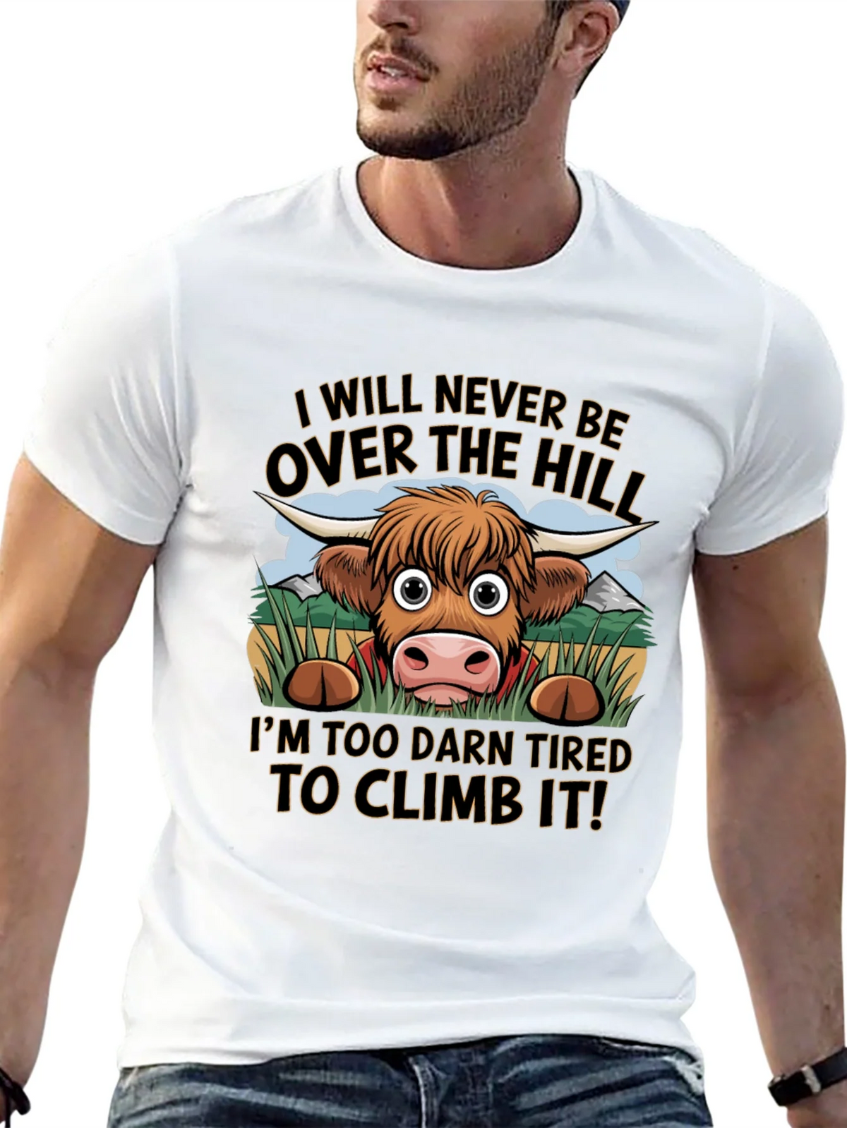 Funny Highland Cow Tired to Climb It T-Shirt product image 9