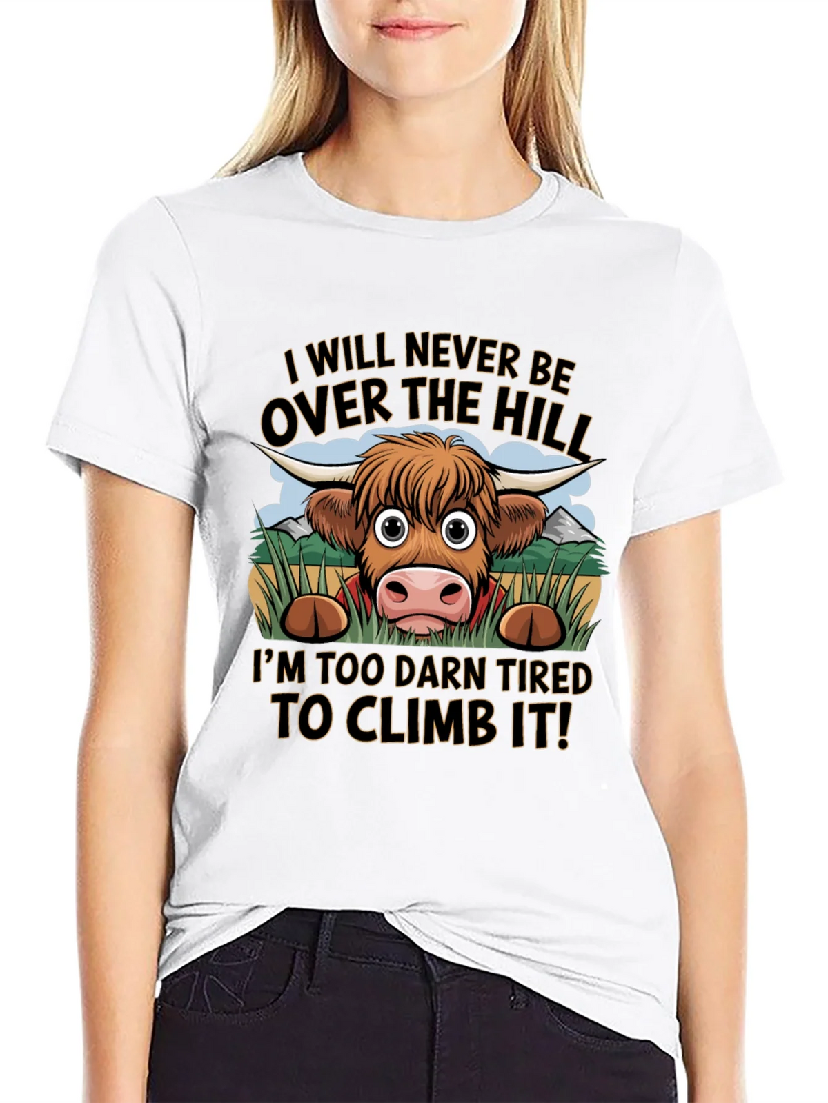 Funny Highland Cow Tired to Climb It T-Shirt product image 7