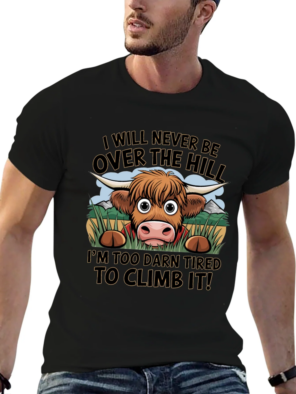 Funny Highland Cow Tired to Climb It T-Shirt product image 5