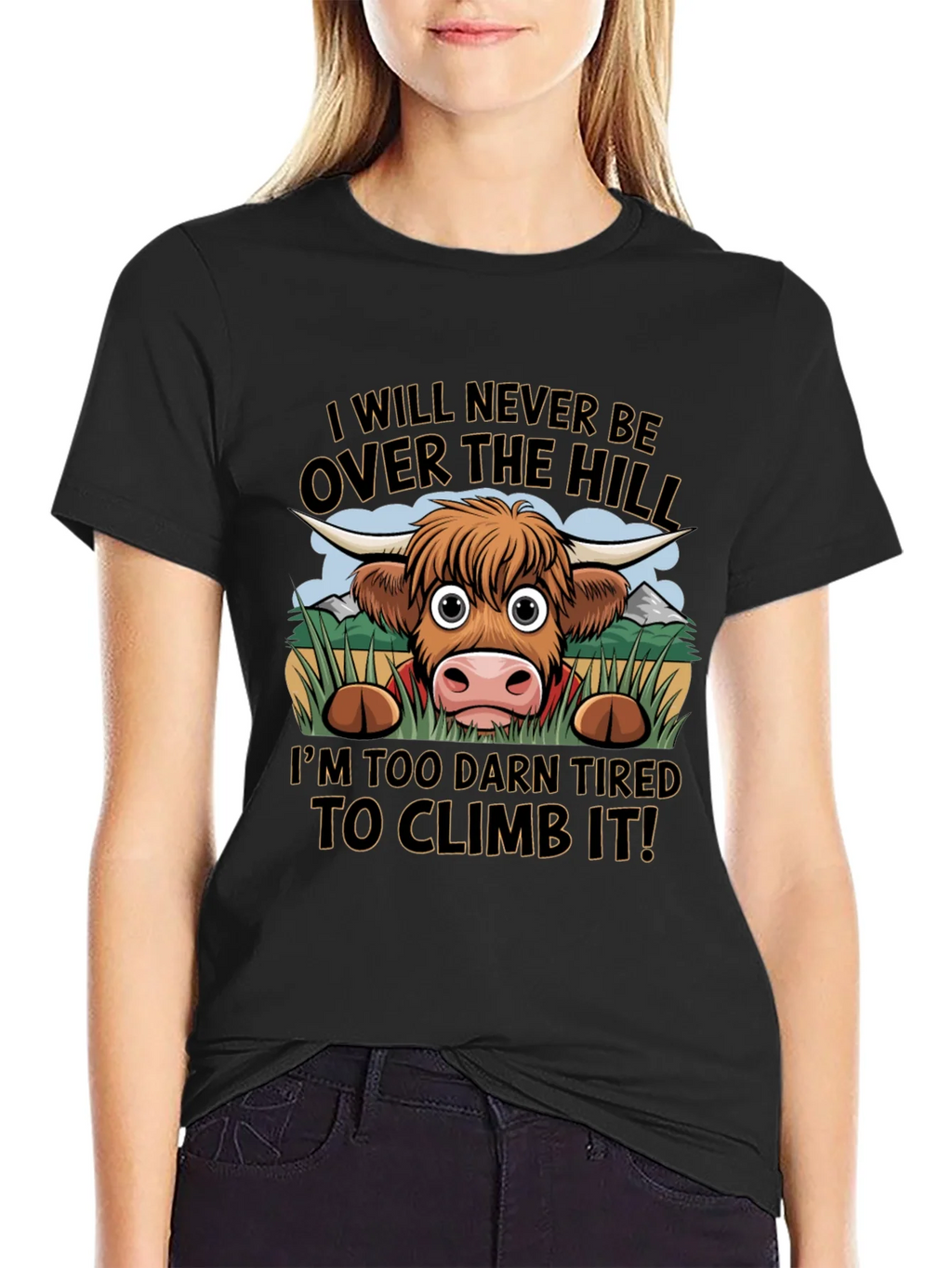 Funny Highland Cow Tired to Climb It T-Shirt product image 2