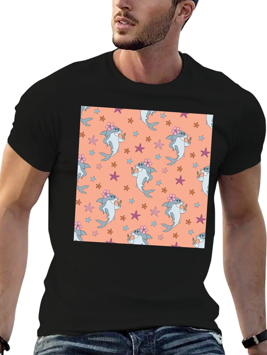 Summer Shark Pattern Black T-Shirt product image 6