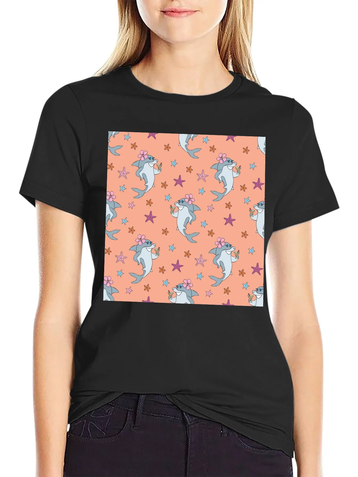 Summer Shark Pattern Black T-Shirt product image 2