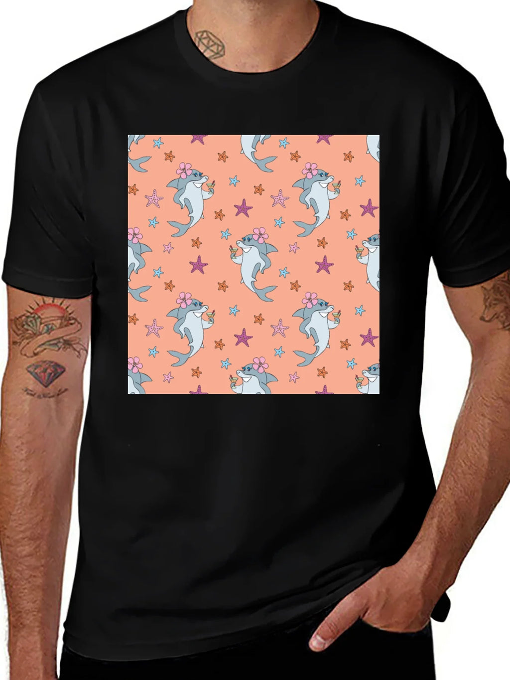 Summer Shark Pattern Black T-Shirt product image 1