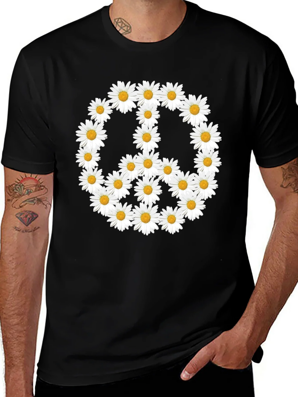 Daisy Peace Sign T-Shirt - Black Crew Neck product image 1
