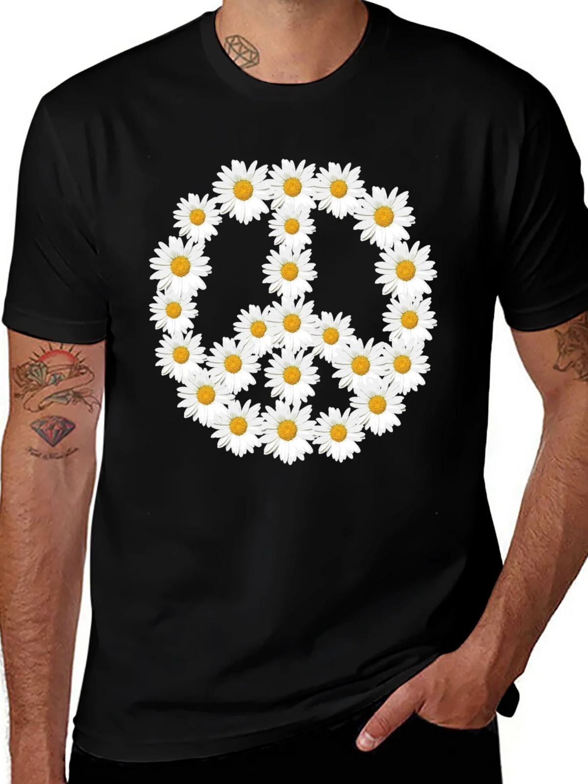 Daisy Peace Sign T-Shirt - Black Crew Neck product image 1